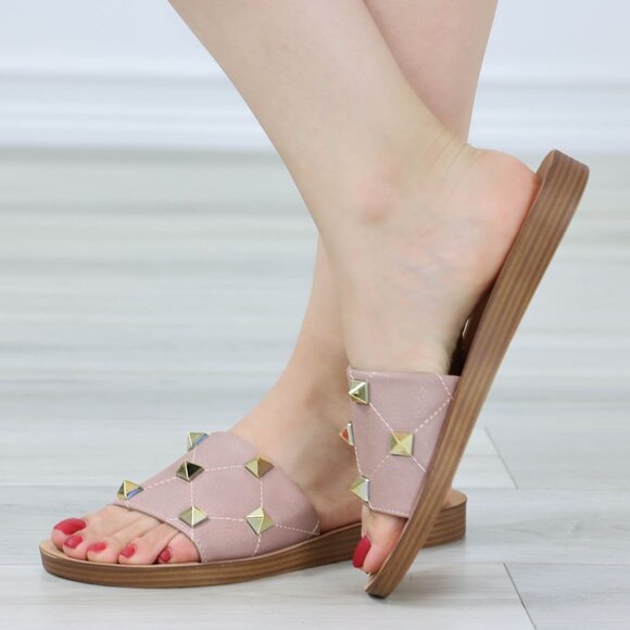 Blush Flat Comfort Flexible Sandal Slip On Sliders Trendy Gold Studs Glittery To - Picture 3 of 15